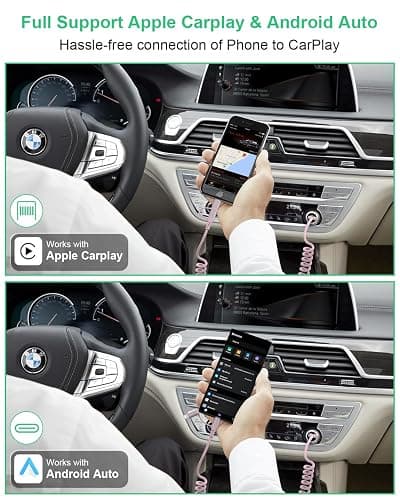 Pink Retractable Car Charger Coiled Lightning Cable - 2 in 1 Lightning and USB C Cable for Apple Carplay & Android Auto [MFi Certified] 3A Fast Charge & Data Sync Pink Coiled i Phone Charger Cord thumbnail 4