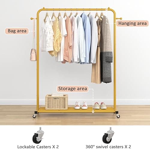 Sywhitta Clothes Rack on wheels, Clothing Rack with Bottom Mesh Storage Shelf,Sturdy Metal Frame,Rolling Garment Rack for Hanging Clothes,Coats,Skirts,39.76" L x 16" W x 64.56" H,Golden thumbnail 7