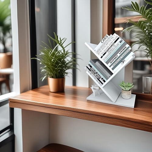 Godferyxin Tree Bookshelf, 3-Tier Wood Small Bookshelf and Mini Book Shelf for Office, Home or School Desk Book Shelf for for Displaying Books, CDs, Magazines Wood Storage Rack-Whit thumbnail 7