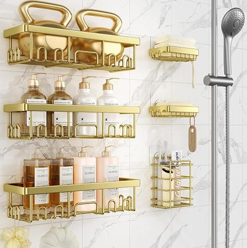 Veken Adhesive Shower Caddy 6-Pack,Gifts for Women Mom,Heavy Weight Bearing,Large Wall Mounted Bathroom Shelves Rack,Organizer Storage Accessories with Soap Dish&Toothbrush Holder,Bright Gold - Image 1