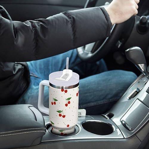 KUEJOP Cherry Print Pattern Stainless Steel Tumbler with Handle and Straw, Water Bottle Reusable Insulated Travel Mug, 40 Ounces thumbnail 7