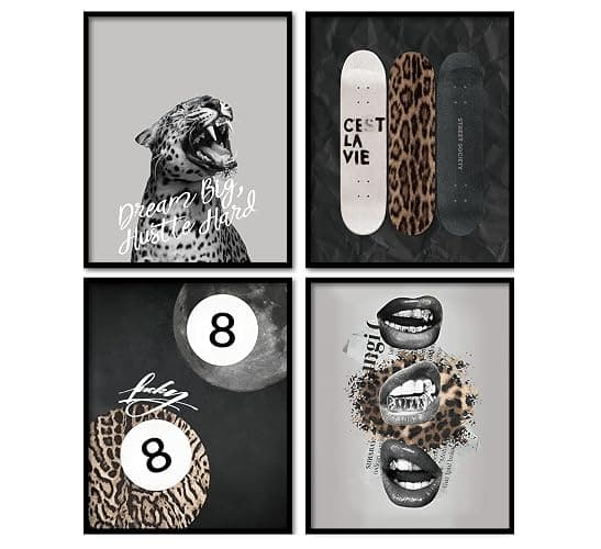 KDHTY Vintage Cheetah Room Decor Y2k,Lucky 8 Leopard Skateboard Black and White Wall Art,Preppy Cheetah Room Decor College Dorm Bedroom Bathroom,Girl Aesthetic,8x10 Unframed Set of 4 - Image 1