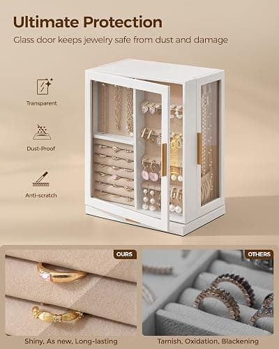 Glimmloop 360° Rotating Jewelry Box with 5 Drawers, Spacious Vertical Jewelry Organizer with Glass Window, Jewelry Storage Case, Dustproof & Moisture-resistant Design, White thumbnail 5