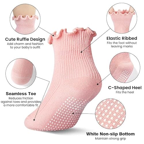 COZYOFFI Toddler Girls Ruffle Socks: 6 Pairs Cute Frilly Non Slip Baby Socks thumbnail 3