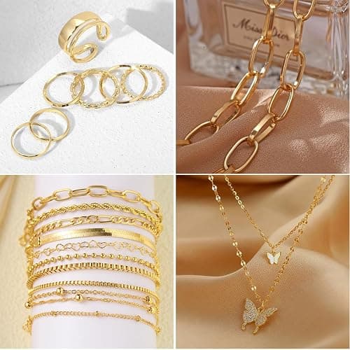 IFNODO 47pcs Gold Jewelry Set With 3 PCS Necklace, 11 PCS Bracelet,20pcs Hoop Stud Earrings,7pcs rings set For Women For Birthday Gifts thumbnail 5
