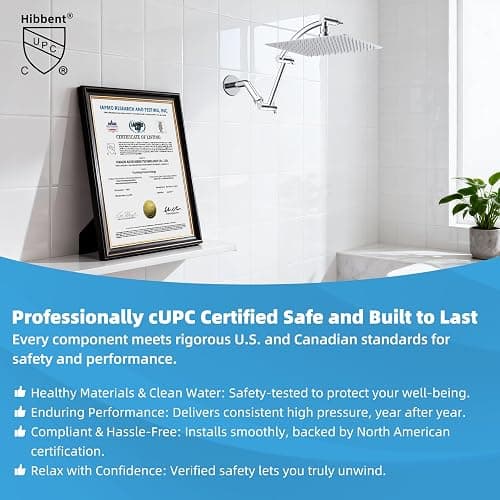 Hibbent All Metal cUPC Certified Rain Shower Head, 10'' High Pressure Rainfall Showerhead with 16" Shower Head Extension Arm, Solid Brass Adjustable Shower Arm Extender, fixed Showerheads, Chrome thumbnail 8