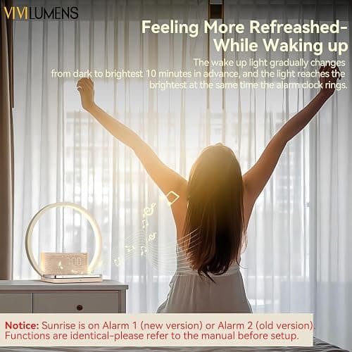 Vivilumens Sunrise Alarm Clock Wireless Charger, 10 White Noise Sound Machine Alarm Clock with 30/60/90 Mins Timer, 3 Levels Touch Night Light Dual Clocks for Heavy Sleeper Bedroom Decor Gift for Her thumbnail 9