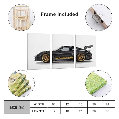 3PCS Car Posters 911 GT3 RS Framed Posters for Men Cave Boys Room Canvas Racing Wall Art Perfect for Home Decor Office Dorm Decoration Birthday Party Gifts (Style-G, 12L"x8W") thumbnail 2