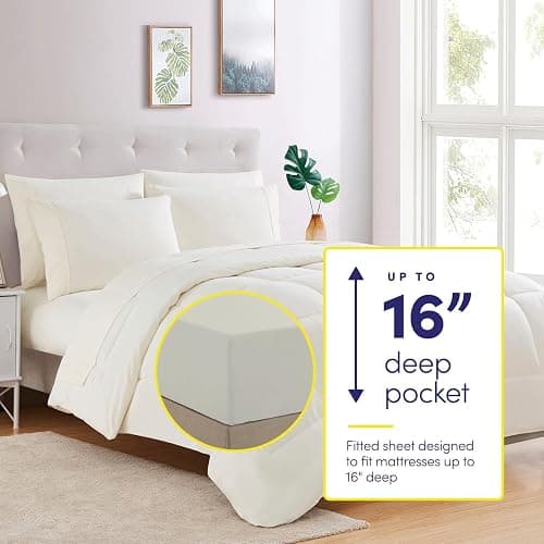Sweet Home Collection 7 Piece Comforter Set Bag Solid Color All Season Soft Down Alternative Blanket & Luxurious Microfiber Bed Sheets, Ivory, Twin thumbnail 2