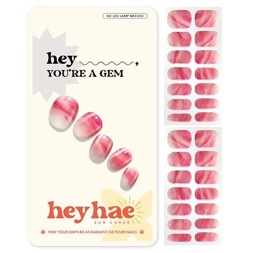 Heyhae Semi Cured Gel Nail Strips | No LED Lamp Needed | Summer, Marble, Red | Easy Apply & Remove, Salon Quality | Includes 28 Strips, 1 Prep Pads, Nail File & Wooden Stick - Hey, You're A Gem - Image 1