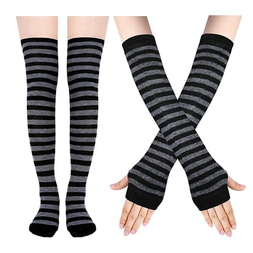 Benefeet Sox Womens Rainbow Striped Knee High Thigh High Socks Arm Warmers Set Fingerless Gloves Halloween Costume thumbnail 2
