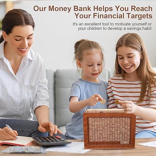 Cash Vault Wooden Savings Box,$10000 Wooden Cash Saver Money Box, Cash Saver Box, Coin Counter Piggy Bank, Money Box with Counter, Wooden Money Box with Money Target and Numbers (Dark Brown) thumbnail 2