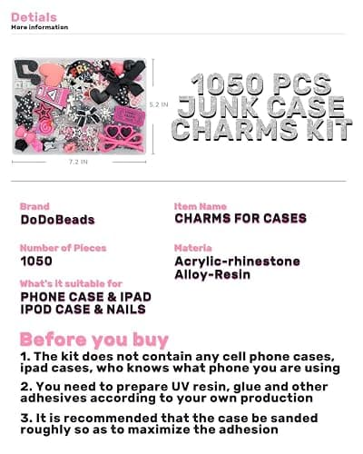 DoDoBeads 1050 Pcs Junk Phone Case Charms Kit, Charms for Customizing Cases, Kawaii Bow, Letter Beads, Nail Accessories, Flatback Pearls, Rhinestones, Cute Aesthetic Decor for Personalization thumbnail 3