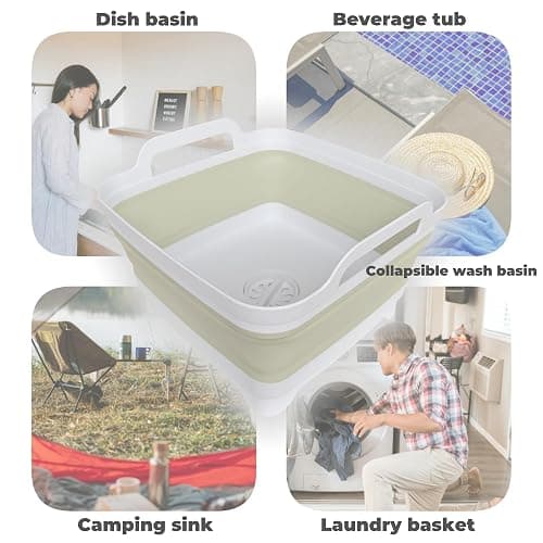 GIMWA Collapsible Wash Basin for Baby Bottles - 2.4 Gallons Portable Wash Bin for RV Camping Sink, Space-Saving Dish Tub (Green) thumbnail 5
