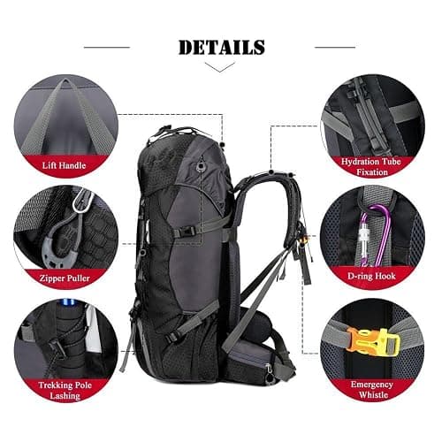 Bseash 60L Waterproof Lightweight Hiking Backpack with Rain Cover, Outdoor Sport Travel Daypack for Climbing Camping Touring thumbnail 3