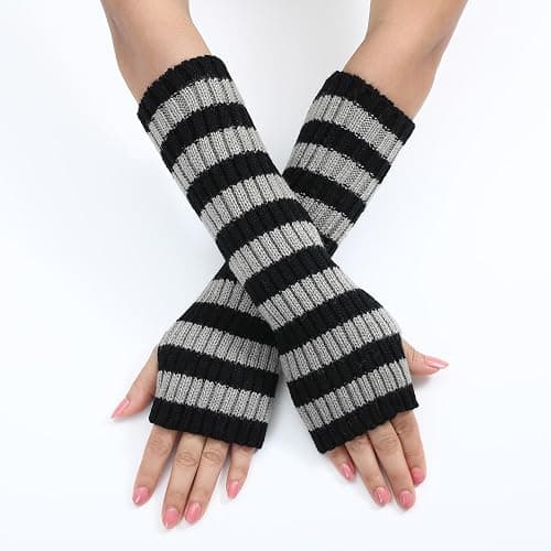 Y2k Striped Arm Warmers Long Fingerless Knitted Gloves Punk Gothic Alt Emo Scene Cool Winter Arm Sleeves Grunge Accessories thumbnail 2