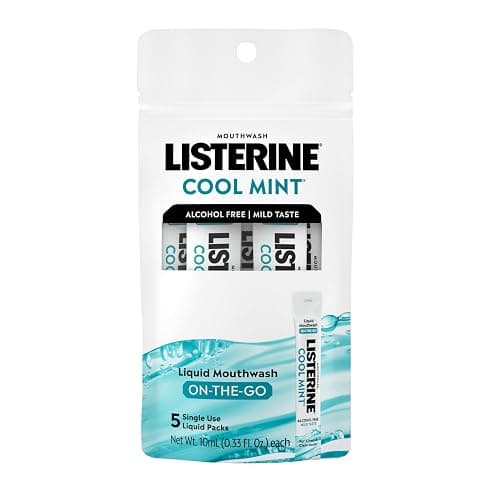 Listerine On-The-Go Cool Mint Alcohol Free Mouthwash Packets, Oral Rinse in Individual Packets Kills Bad Breath Germs, Less Intense Taste, Cool Mint Flavor, Mini Travel Size, 0.33 fl oz. Pack of 5 - Image 1
