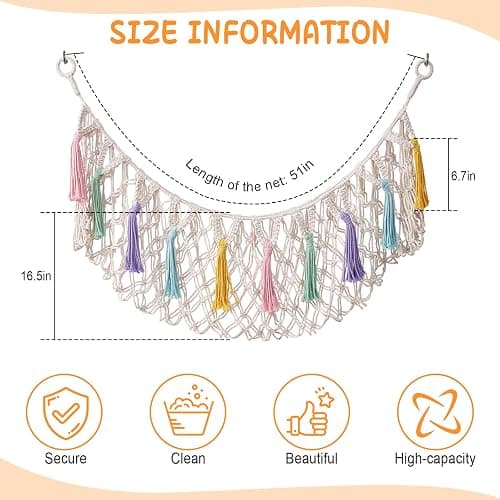 Bohemian Stuffed Animal Hammock - Large 51 Inch Toy Storage Net for Plush Toys, Nursery & Kids Room Wall Decor,Ideal Gift for Birthday Christmas. thumbnail 3