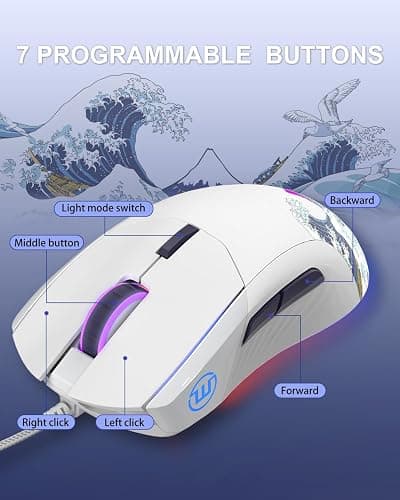COSTOM Womier G705 USB Wired Gaming Mouse for PC Computer Windows Mac Laptop, Lightweight Silent RGB Backlit Mouse with Adjustable 12000DPI/7 Programmable Side Buttons,White Kanagawa Theme thumbnail 6