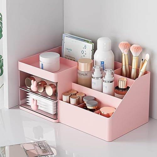 YUTAOWH Makeup Organizer with Drawers, Cosmetic Storage for Dresser Vanity and Bathroom Countertop, Beauty Holder for Lipstick Brush, Skincare Organizer for Brushes, Lotions, Lipstick (Pink) - Image 1