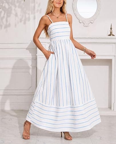 chouyatou Women's Striped Back Smocked Maxi Dress Sexy Spaghetti Strap Cut Out Flowy Swing Long Dress thumbnail 4