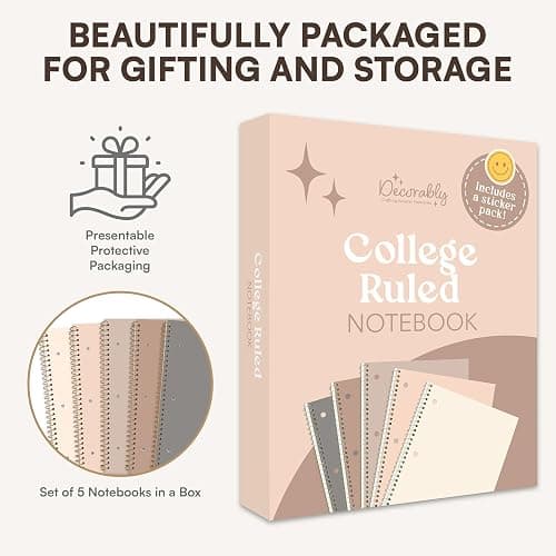 Decorably 5-Pack 140 Pages Gold Foiled Spiral Note Books College Ruled with Stickers, 8x10.5in Spiral Bound Cute College Ruled Notebook, 3-Hole Punched, Easy Tear-Off Perforated Pages - Work, School thumbnail 8