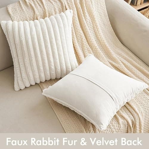MIULEE White Throw Pillow Covers 18x18 Inch Set of 2 Fuzzy Striped Soft Pillowcase with Velvet Back Faux Rabbit Fur Cushion Covers Christmas Decorative Home Pillows for Sofa Couch Bedroom Car thumbnail 6