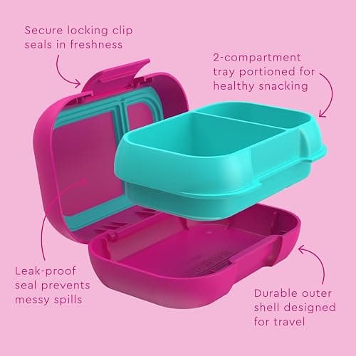 Bentgo Kids Snack - 2 Compartment Leak-Proof Bento Box Container for Snacks and Small Meals, Easy-Open Latch, Dishwasher Safe, BPA-Free for School, Daycare, & Sports - Ideal for Ages 3+ (Fuchsia/Teal) thumbnail 6