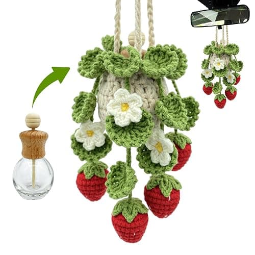 Crochet Car Air Freshener, 15ml Empty Refillable Oil Diffuser Bottle with Hanging Crochet Strawberry Plant for Car Rearview Mirror Air Freshener Diffuser for Home, and Office Decor - Image 1