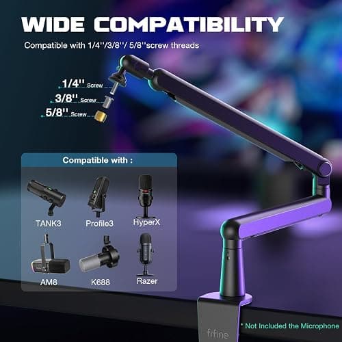FIFINE Microphone Boom Arm, Low Profile Adjustable Stick Microphone Arm Stand with Desk Mount Clamp, Screw Adapter, Cable Management, for Podcast Streaming Gaming Studio-BM88 thumbnail 4