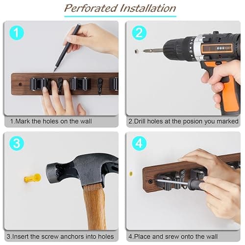 OUTNILI Mop and Broom Holder Wall Mount - Rustic Wood Broom Mop Hanger - Wall Mounted Garden Tool Rack Organizer for Closet Garage Laundry Room Kitchen Decor With 4 Slots & 4 Hooks thumbnail 7