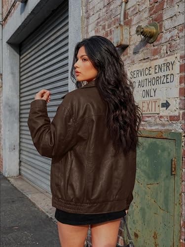 AUTOMET Women's Oversized Faux Leather Jacket Boyfriend Biker Moto Coat Lightweight Fall Bomber Outerwear thumbnail 4
