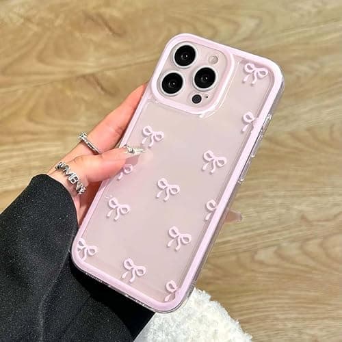 EYZUTAK Case for iPhone 14 Pro Max, Clear Cute Ribbon Bowknot Pattern Aesthetic Transparent Phone Case Raised Camera Protection Stylish Slim Soft Durable TPU Protective Cover for Women Girls - Pink