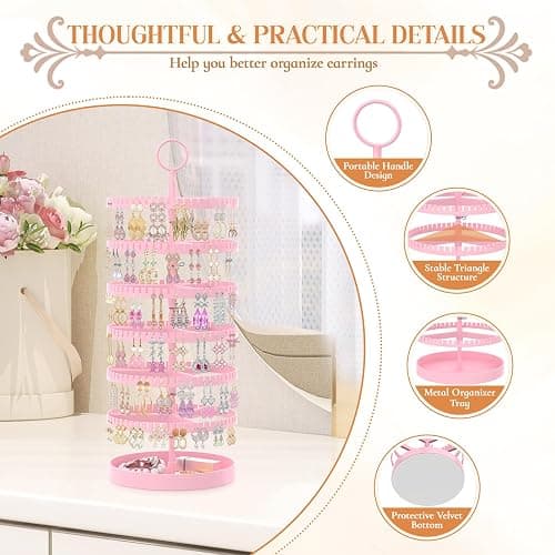 iDavosic.ly 6 Tier Rotating Earring Holder Organizer with Metal Tray, Adjustable Plastic Dangle Display Stands Tree with 342 Grooves, Large Hoop Storage Rack Tower, Pink thumbnail 5
