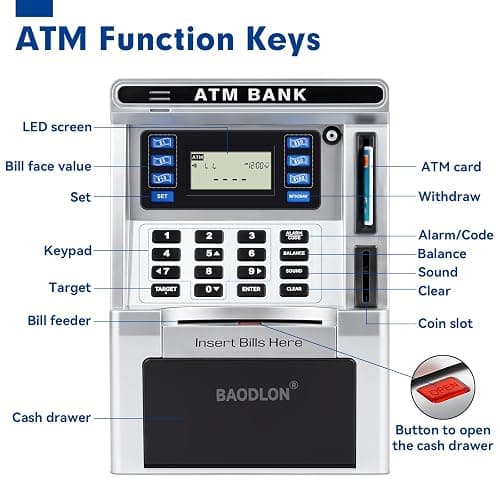 BAODLON Piggy Bank for Kids, ATM Machine Bank for Real Money with Debit Card, Bill Feeder, Coin Recognition, Balance Calculator, Electronic Savings Safe Box, Cool Stuff Toys Gifts for Teen Boys Girls thumbnail 4