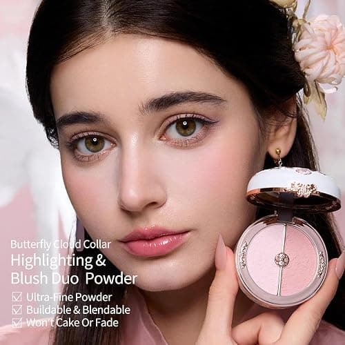 Flower Knows Butterfly Cloud Collar Rouge Box Highlighting & Blush Duo Powder,Nude+Peach Matte Finish Blush & Highlighter Palette,Buildable & Blendable Makeup for cheeks(01 Rouge Snow) thumbnail 5