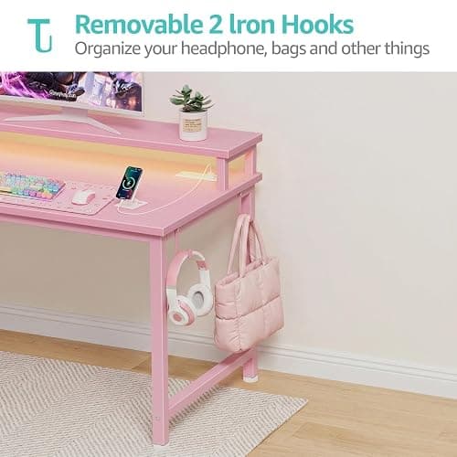 Lufeiya Girls Desk with Power Outlets and LED Lights, 40 Inch Gaming Desk Table with Charging Station, Home Office Computer Desks with Monitor, Pink thumbnail 8