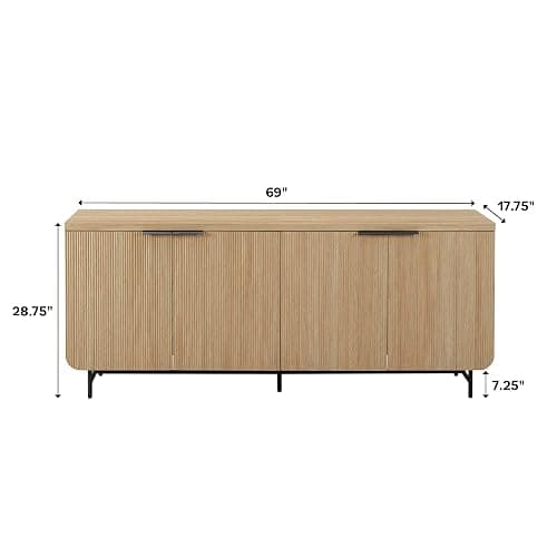 Walker Edison Reema Fluted 4-Door Kitchen Sideboard Buffet Console, 69 Inch, Coastal Oak thumbnail 3