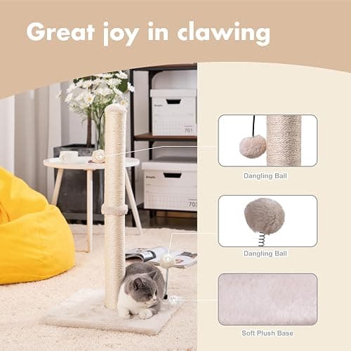 MECOOL 34” Tall Cat Scratching Post Premium Basics Kitten Scratcher Sisal Scratch Posts Trees with Hanging Ball for Indoor Cats, Beige thumbnail 2