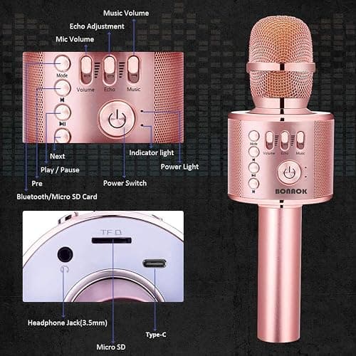 BONAOK Wireless Bluetooth Karaoke Microphone, 3-in-1 Portable Handheld Mic Speaker Machine for All Smartphones,Gifts to Girls, Boys Kids Adults All Age Q37(Champagne) thumbnail 6