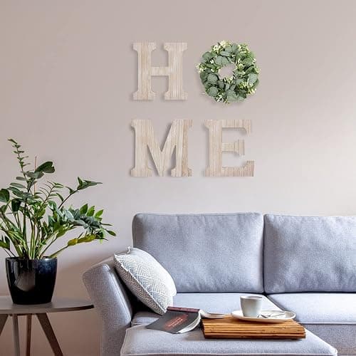Wooden Home Sign Wall Hanging Decor Wood Home Letters for Wall Art with Artificial Eucalyptus Wreath Rustic Home Decor Farmhouse, Wall Decor for Living Room Entryway Housewarming Gift (Natural) thumbnail 2