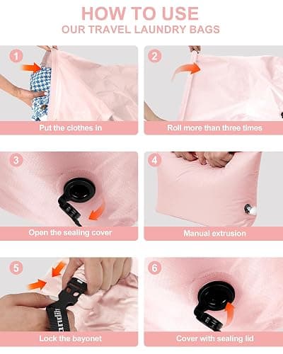 Travel Laundry Bag, Pump Free Vacuum Storage Bag Reusable Compression Dirty Clothes Travel Bag Waterproof Wet Dry Bags Large Capacity Space Saver Bags Camp Clothes Organizer (1 Pcs)(Pink, L) thumbnail 4