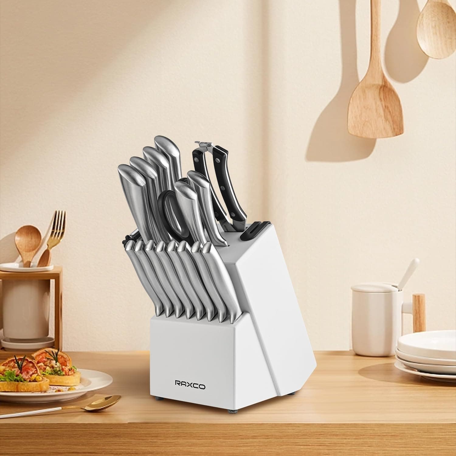 RAXCO 19PCS Kitchen Knife Set with Block & Sharpener, 6 Chef Knives & 8 Steak Knives for Home Restaurant (White) thumbnail 3