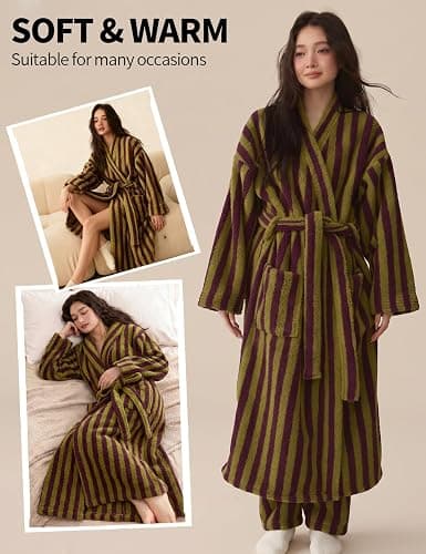 Arssm Womens Striped Fluffy Robe Long Plush Fuzzy Warm Bathrobes | Cozy Thick Loungewear, Maxi Robe, Color Block, Housecoat thumbnail 6