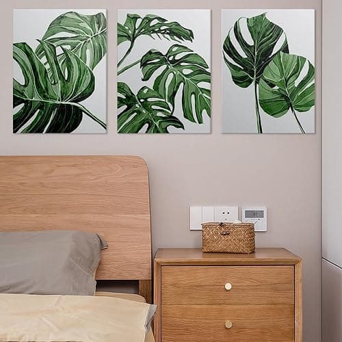 Canvas Wall Art Prints 3 Pieces White Green Leaves Picture Framed Artwork Paintings for Bedroom Living Room Kitchen 30 x 40cm Home Wall Decoration Paintings Personalised Photo Gifts, GYH0007 thumbnail 3