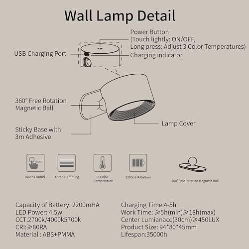 Coollamp LED Indoor Wall Lamp, Bedroom Wall Light with Warm/Natural/White Light, 3 Brightness Levels, Rechargeable Battery, Touch Control, 360 ° Rotate, Wall Lamp for Living Room Corridor Stairs thumbnail 8