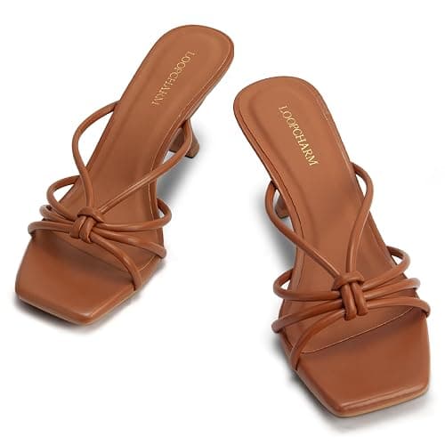 LOOPCHARM Women's Strappy Square Open Toe Kitten Heels Sandals Knotted Design Summer Fashion Slip On Mule Style thumbnail 4
