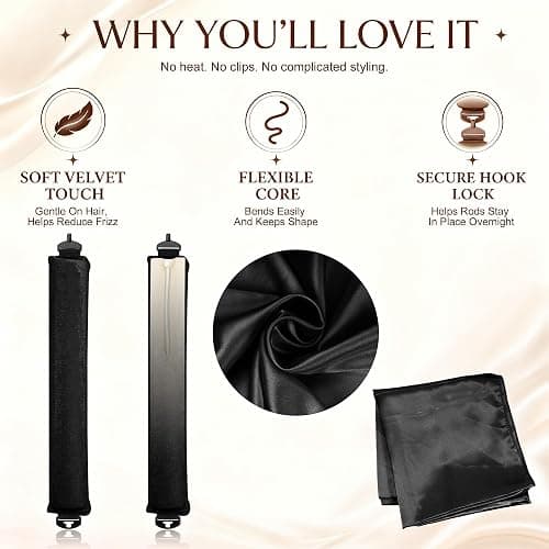 TULOBI Heatless Curls Overnight, 4PCS Jumbo Velvet Curling Rods, Black | No Heat Blowout Hair Rollers with Satin Scarf and Mesh Bag, Comfortable Sleep-in Rods for Long Thick Fine Hair thumbnail 3