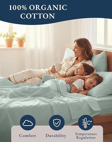LANE LINEN 100% Organic Cotton Full Sheets Set, Soft & Comfy Percale Weave Fully Elasticized Reinforced Seams Sustainably Produced Oeko Tex Certified Deep Pocket Cotton Full Size Sheet - Cool Blue thumbnail 6