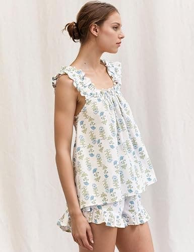 Flygo Floral Pajamas Set for Women 2 Piece Lounge Set Ruffle Cami Top and Shorts Pj Set Sleepwear thumbnail 2